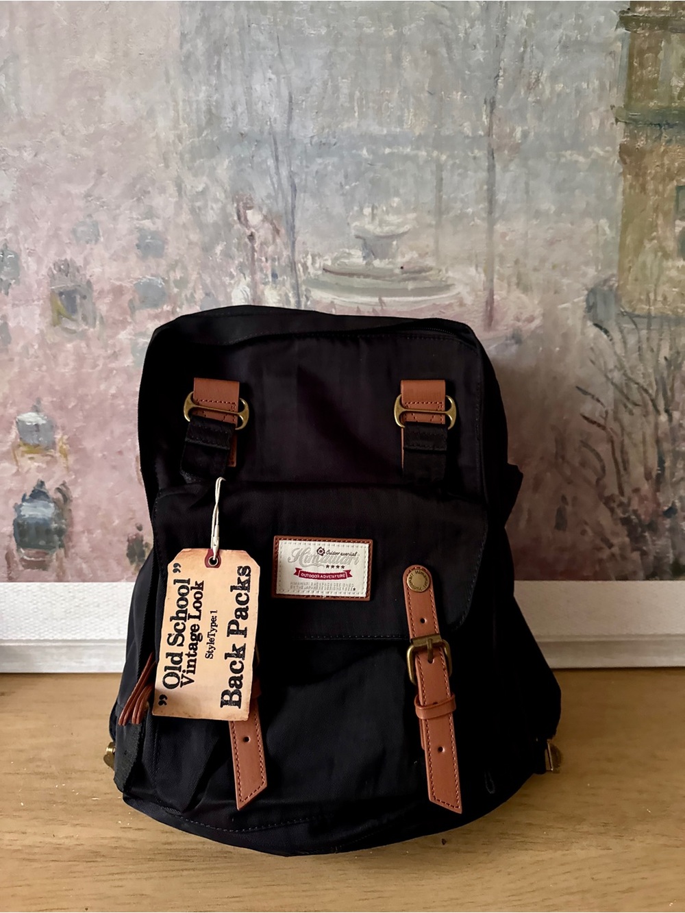 NWT Himawari Vintage-Inspired Black Canvas Backpack with Brown Trim